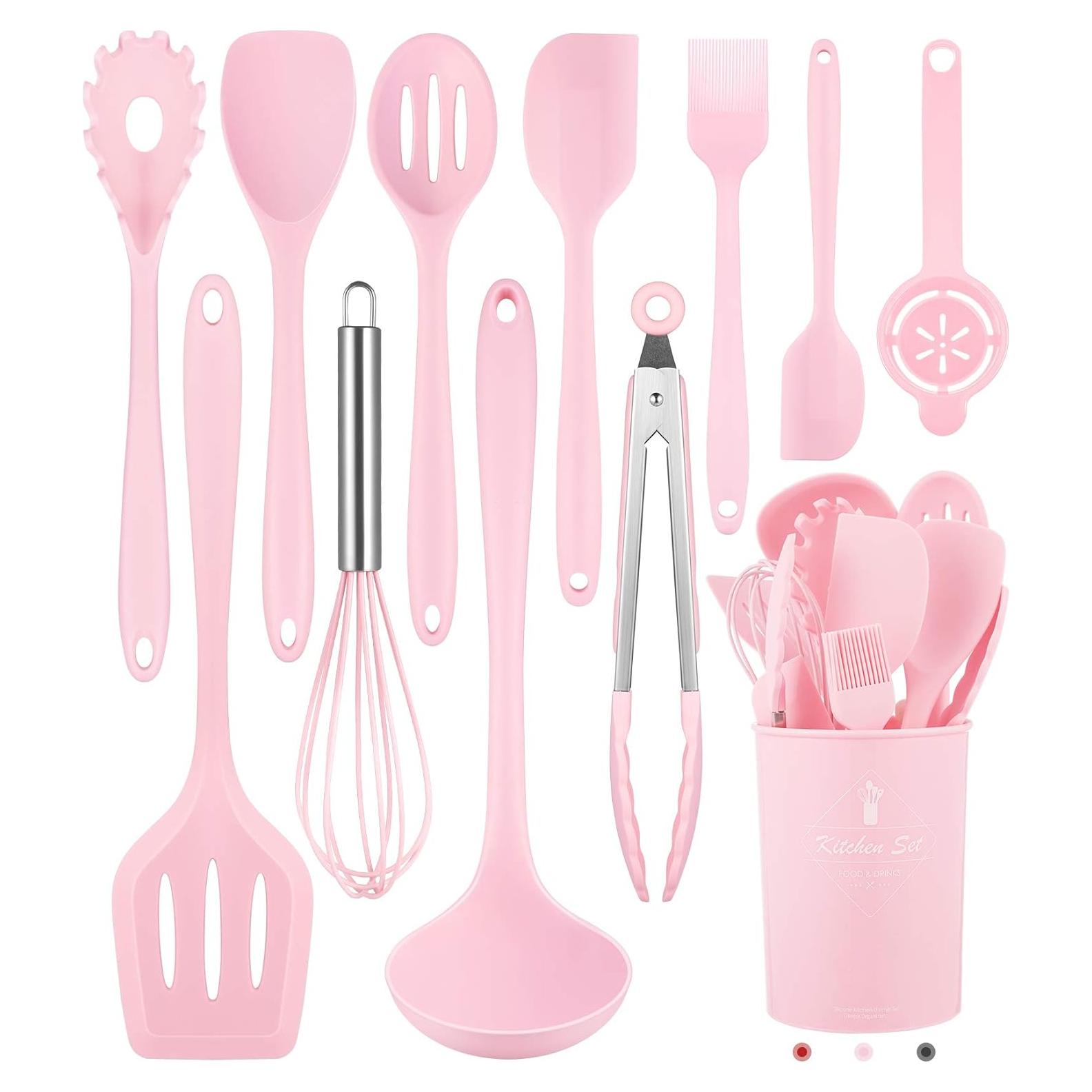 Juego de Utensilios de Cocina Pranski 12 Piezas Silicona Rosa