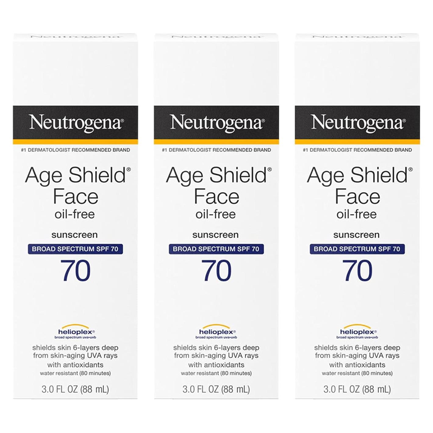 Loción Solar Neutrogena Age Shield SPF 70 - 267 ml (Paquete de 3)