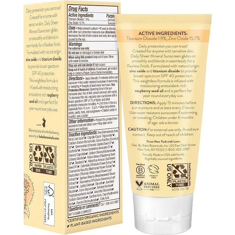 Loción Solar Mineral Diaria Babo Botanicals SPF40 - 50ml