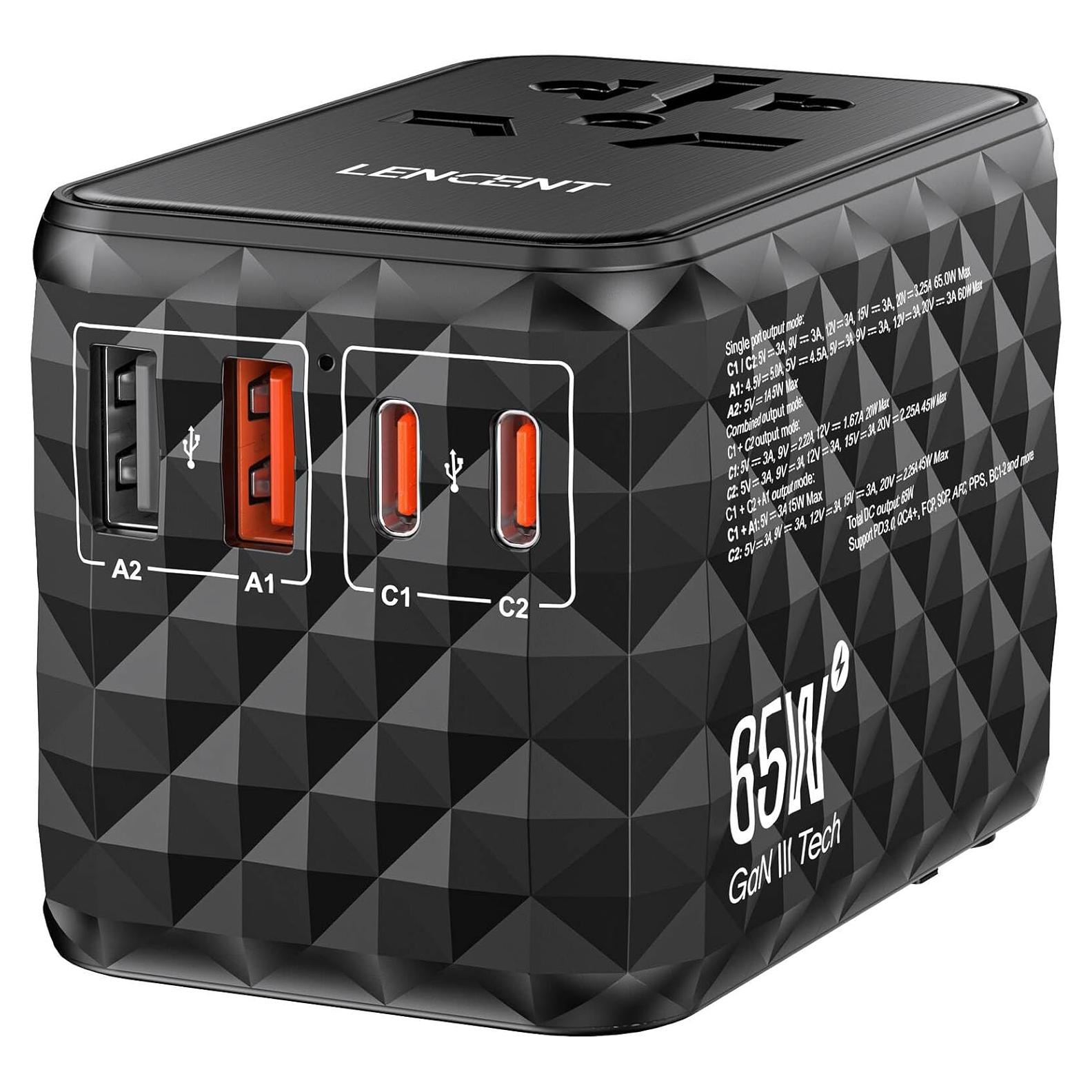 Adaptador de Viaje Universal LENCENT 65W 4 Puertos USB-C y A