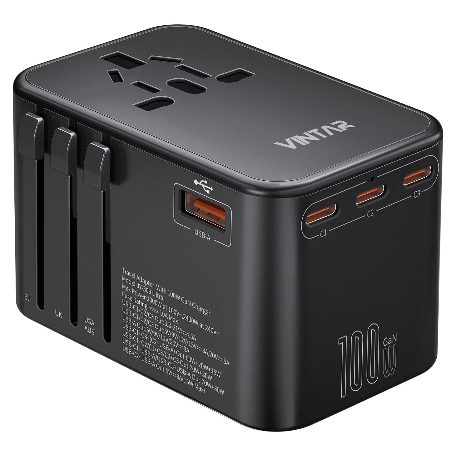 Adaptador de Viaje Universal VINTAR 100W con 5 Puertos USB