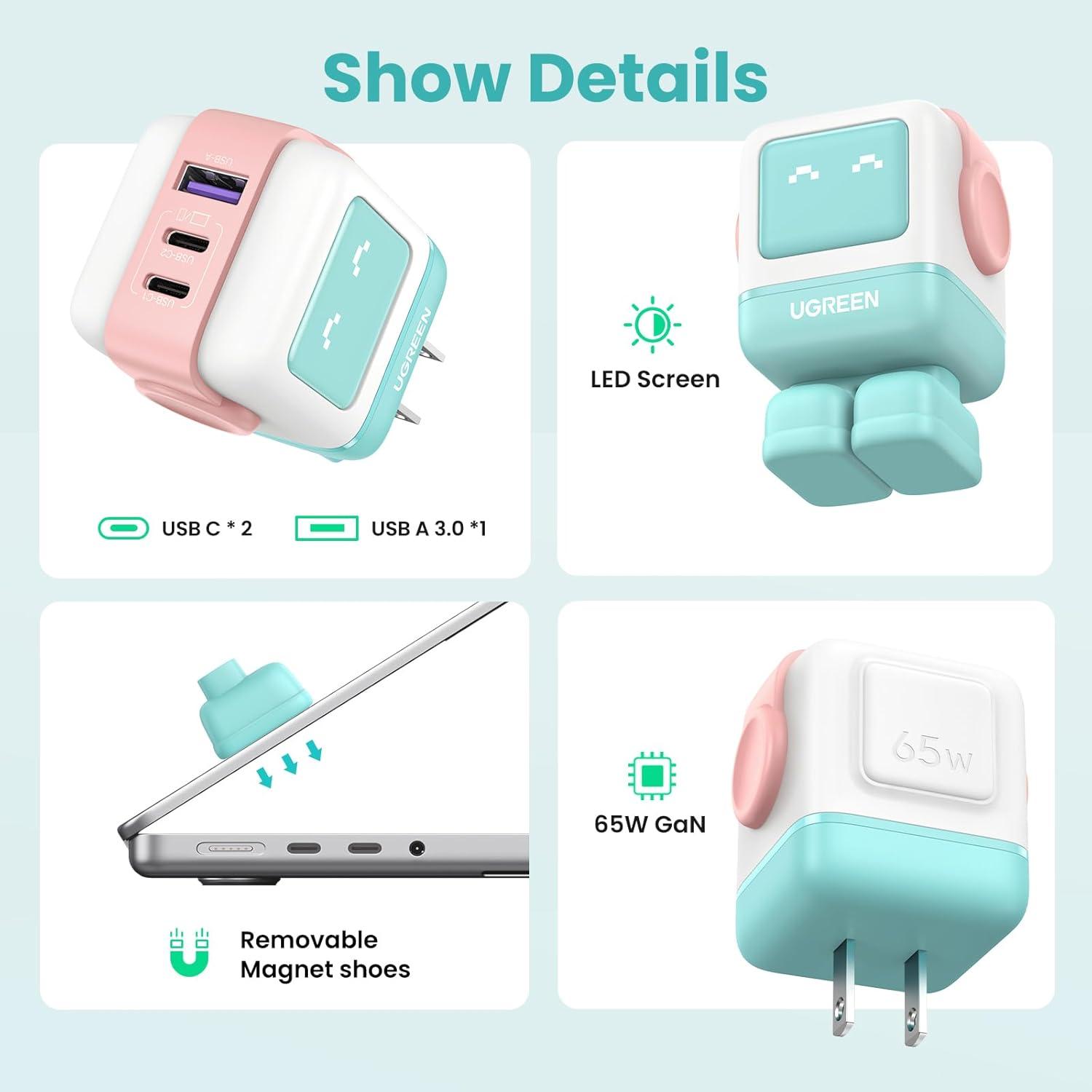 Cargador UGREEN Uno 65W USB-C 3 Puertos Robot Compacto