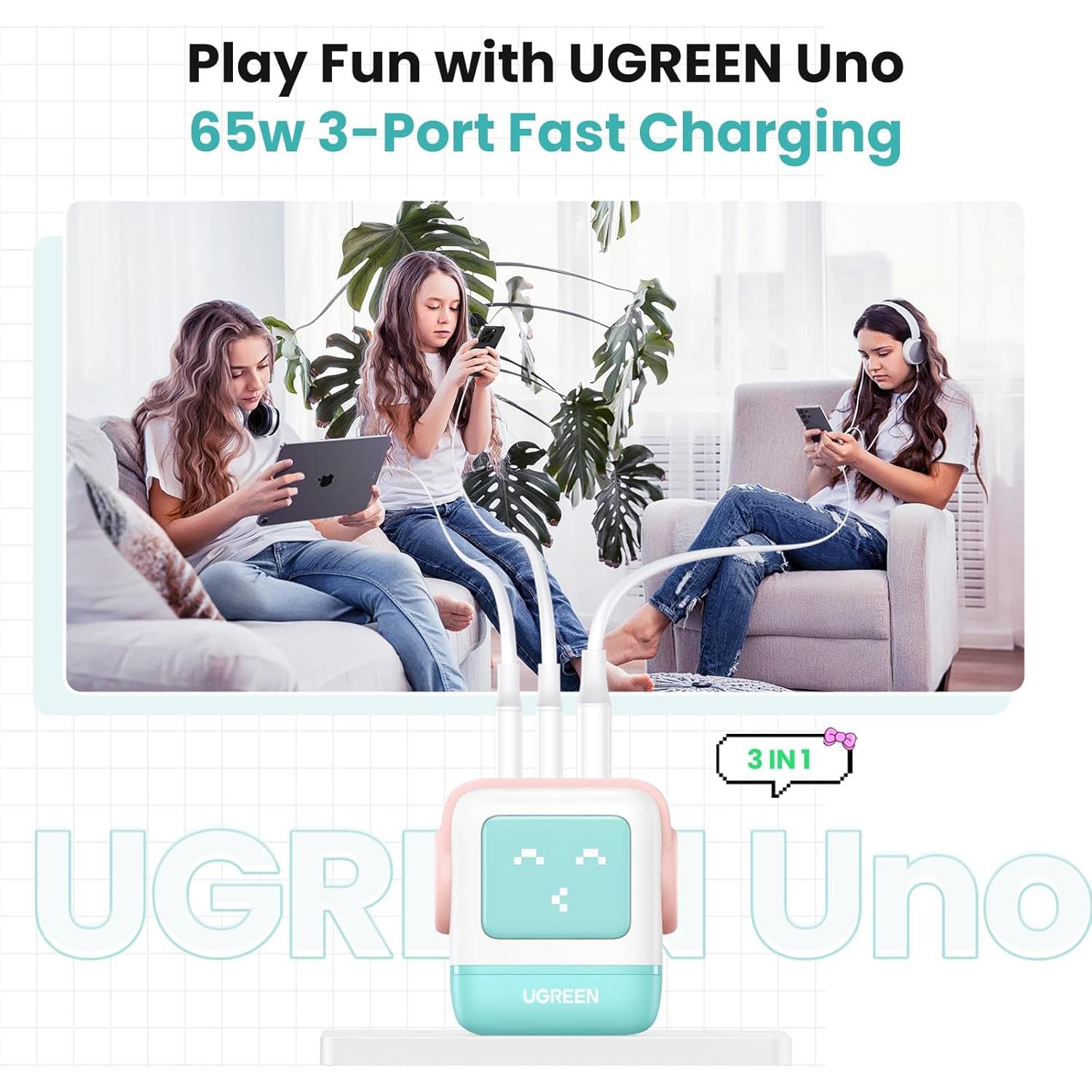 Cargador UGREEN Uno 65W USB-C 3 Puertos Robot Compacto