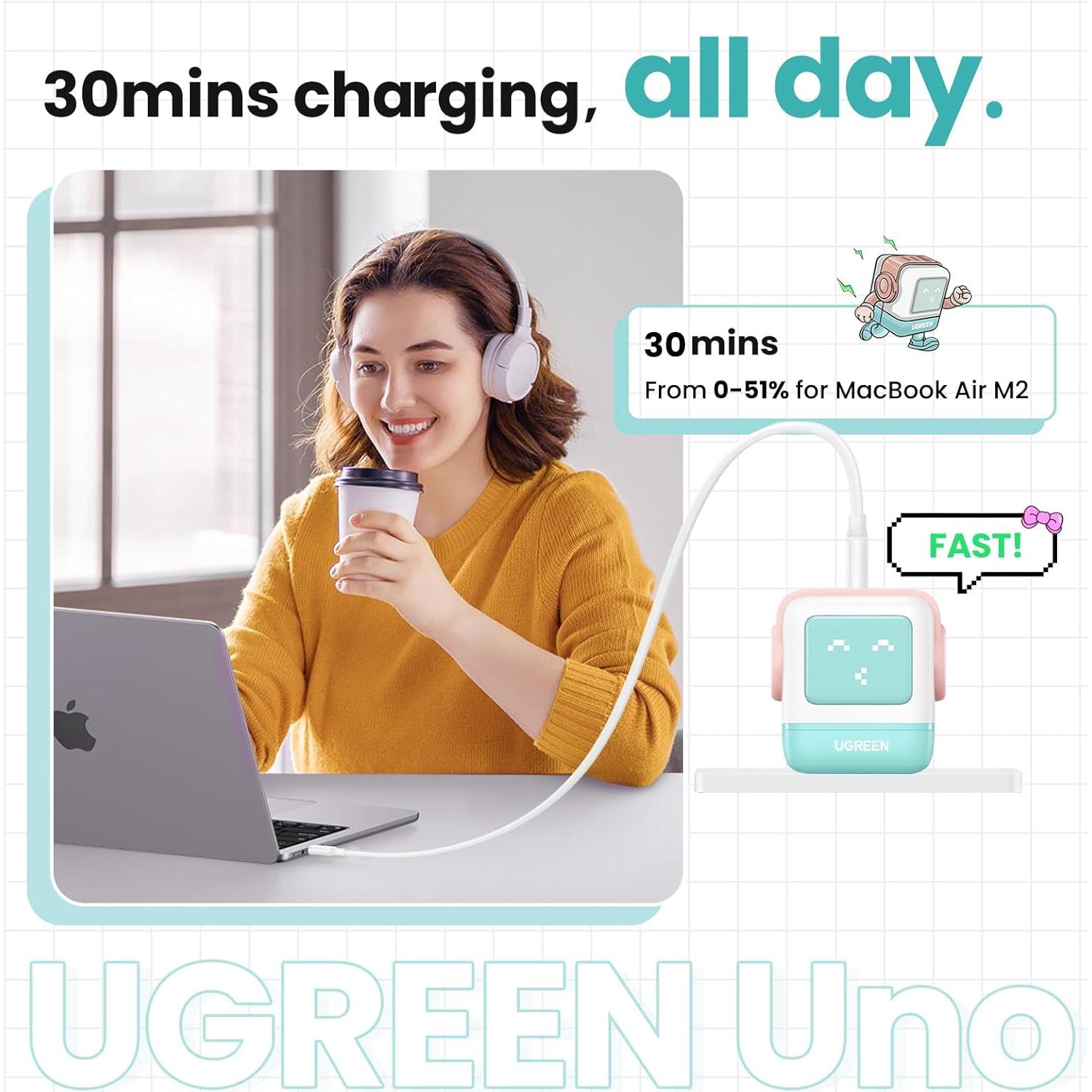 Cargador UGREEN Uno 65W USB-C 3 Puertos Robot Compacto