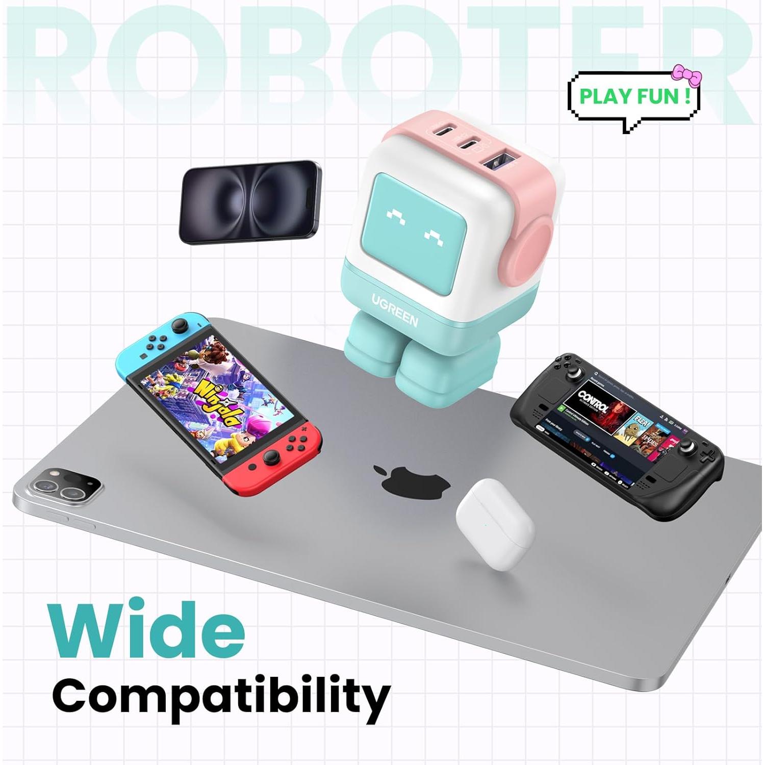 Cargador UGREEN Uno 65W USB-C 3 Puertos Robot Compacto