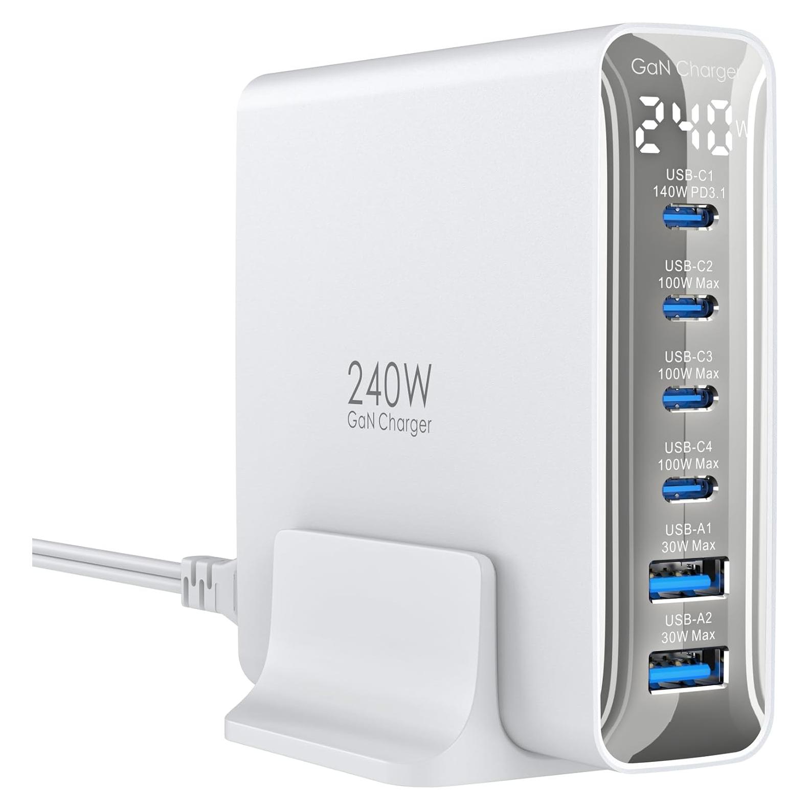 Cargador USB C 240W 6 Puertos GaN Topadre con Pantalla LED
