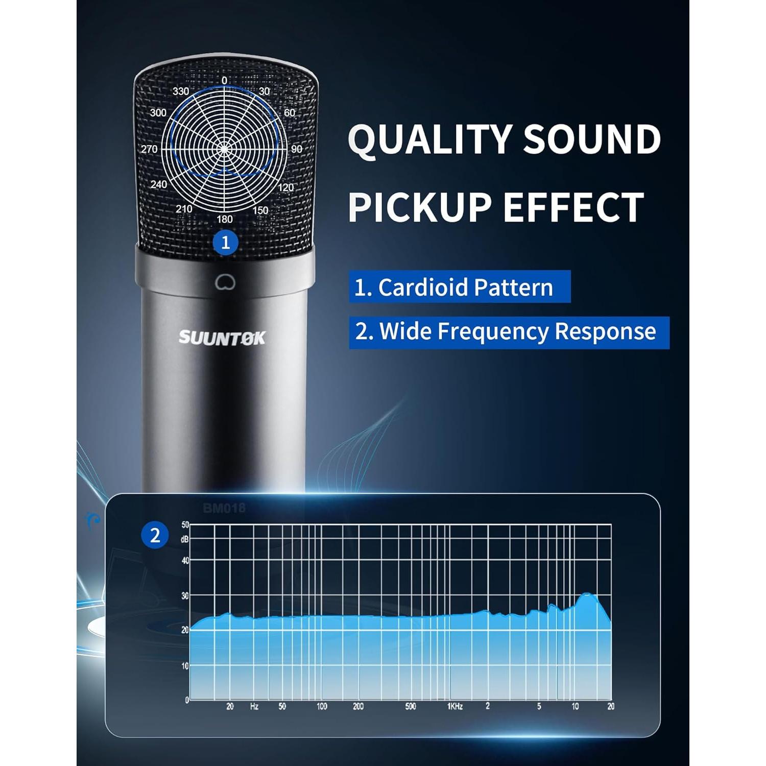 XLR Condenser Microphone Recording Microphone for PC Computer Home Studio Cardioid Podcast Mic Kit for Streaming, ASMR, YouTube, Voice-Over, Gaming, Vocal (Black)