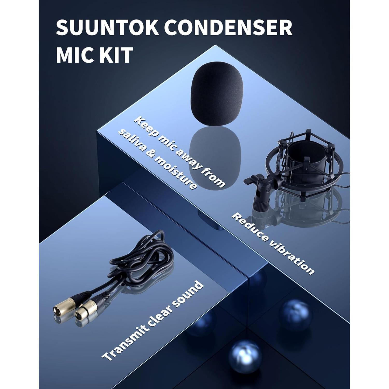 XLR Condenser Microphone Recording Microphone for PC Computer Home Studio Cardioid Podcast Mic Kit for Streaming, ASMR, YouTube, Voice-Over, Gaming, Vocal (Black)