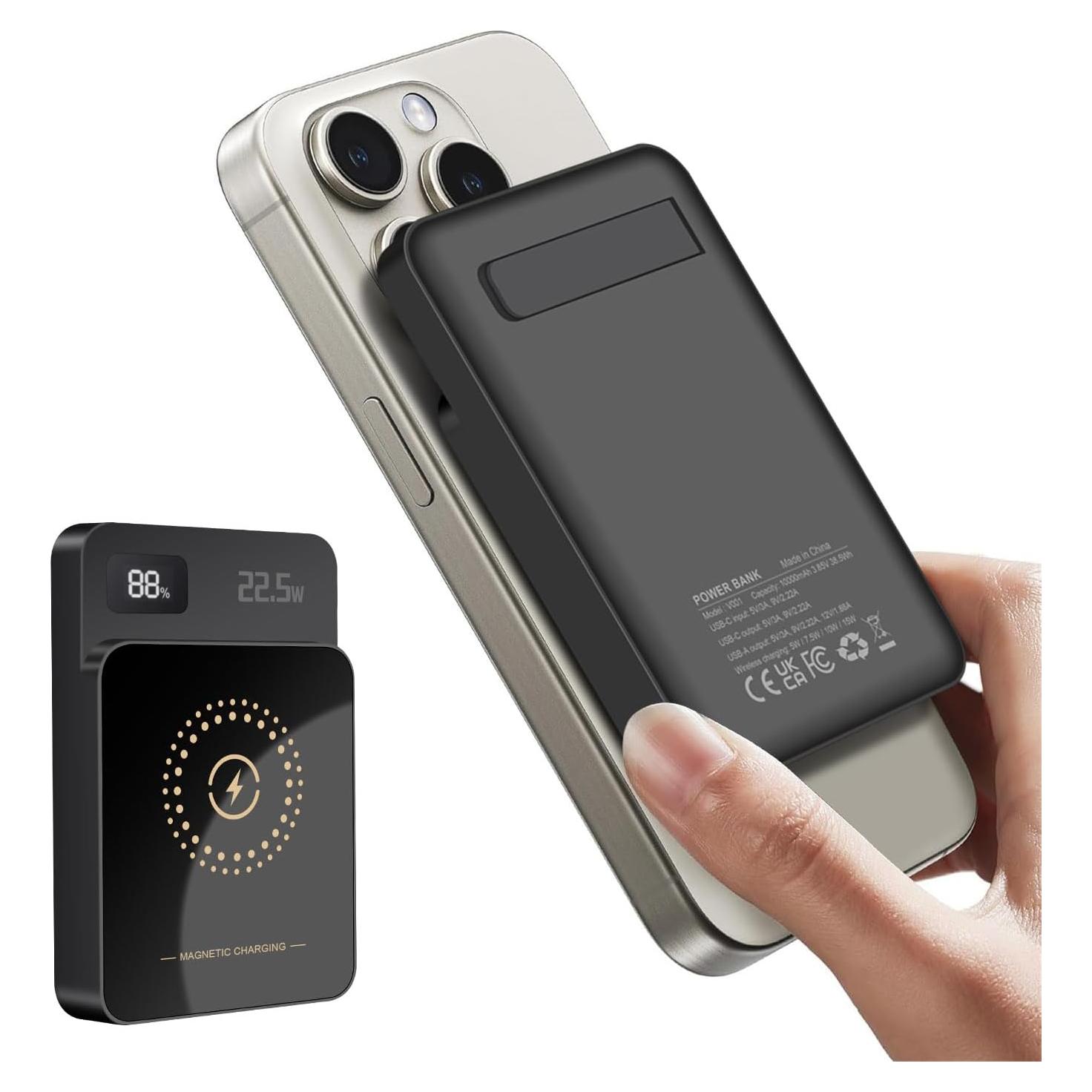Banco de Energía 10000mAh 22.5W Carga Inalámbrica Magnética Negro