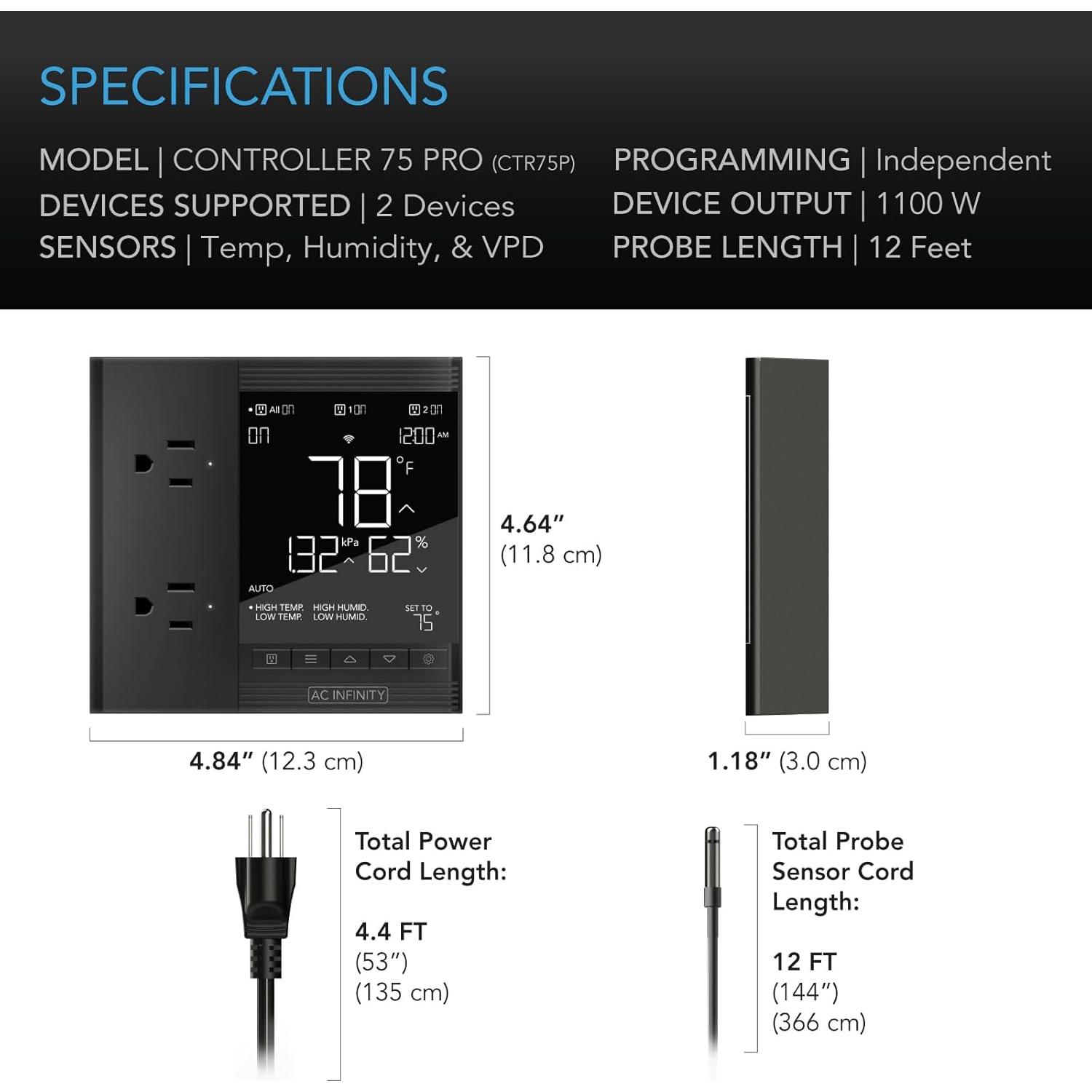 Controlador AC Infinity 75 PRO WiFi para 2 Dispositivos
