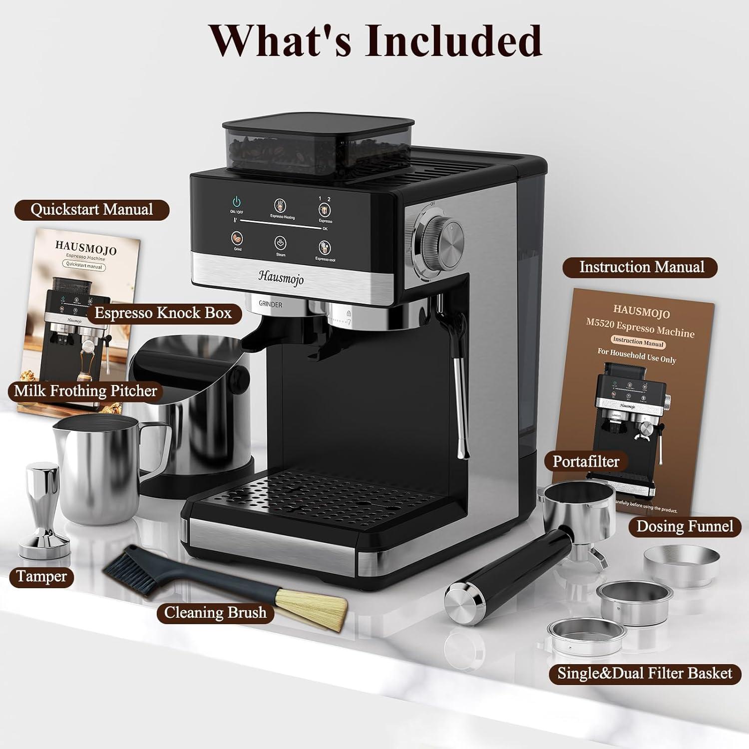 Cafetera Espresso Hausmojo 20Bar con Molinillo y Espumador