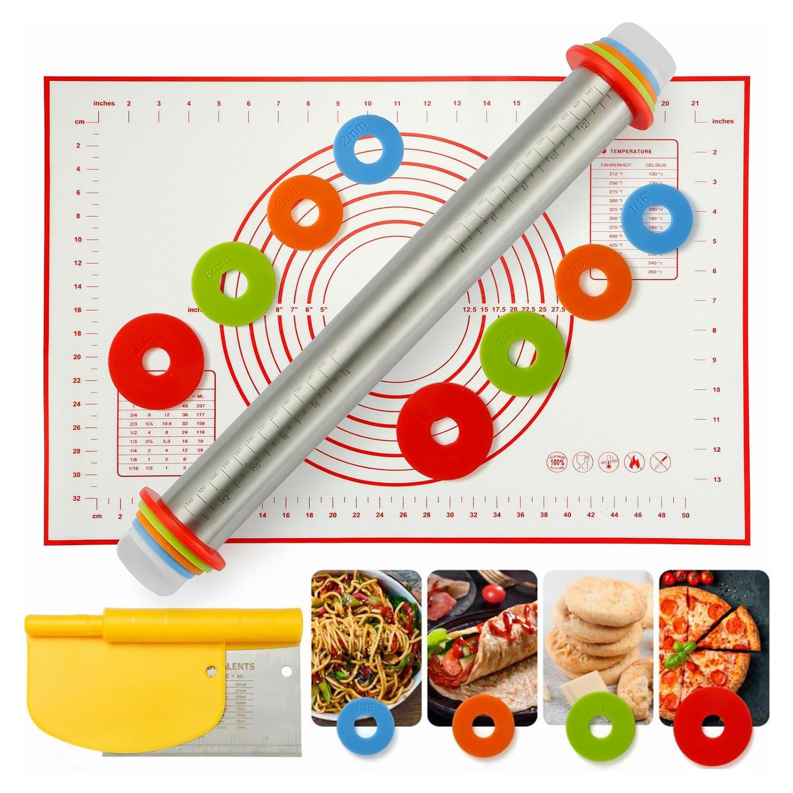 Conjunto de Horneado MIKULA: Rodillo Acero Inoxidable y Alfombrilla 61x40cm