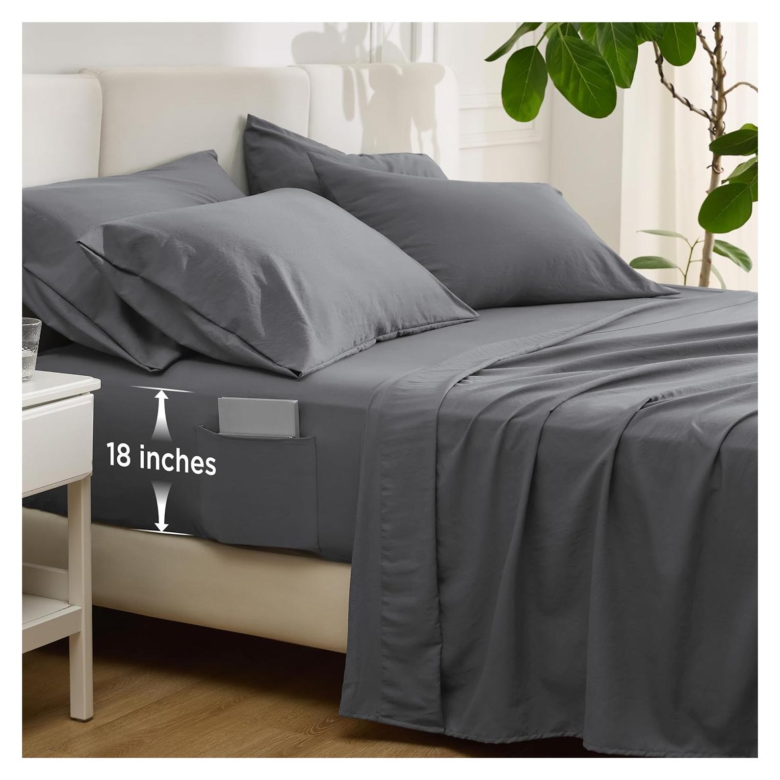 Juego de Sábanas 6 Piezas Bedsure Queen Gris Ajuste Profundo