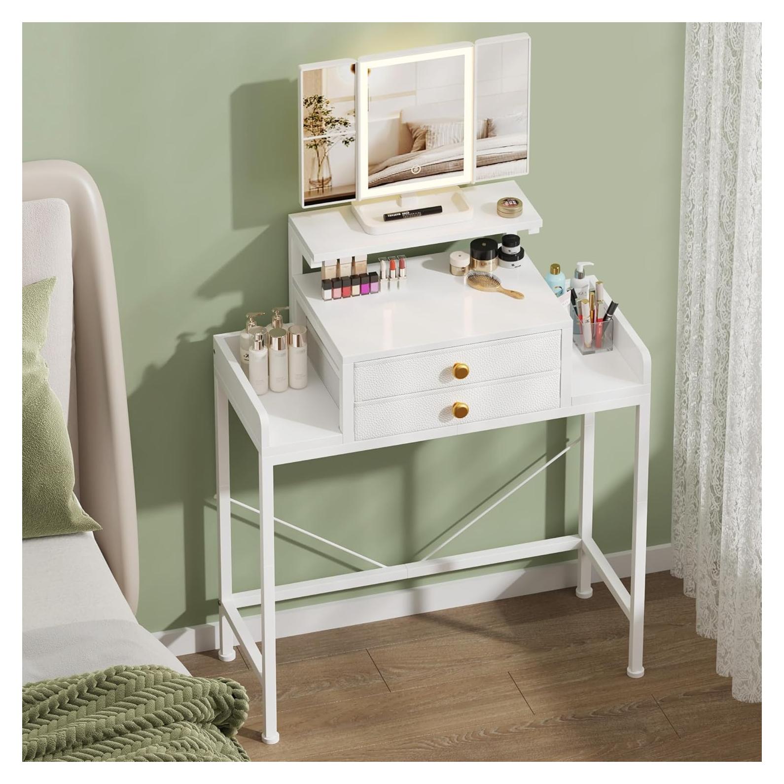 Escritorio de tocador HIGDBFE con espejo y luces LED, blanco