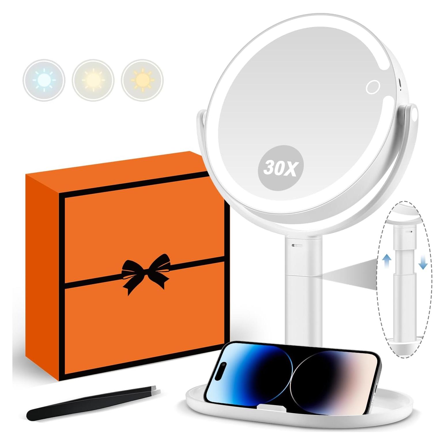 Espejo de Maquillaje Iluminado MIYADIVA 30X Ajustable Blanco