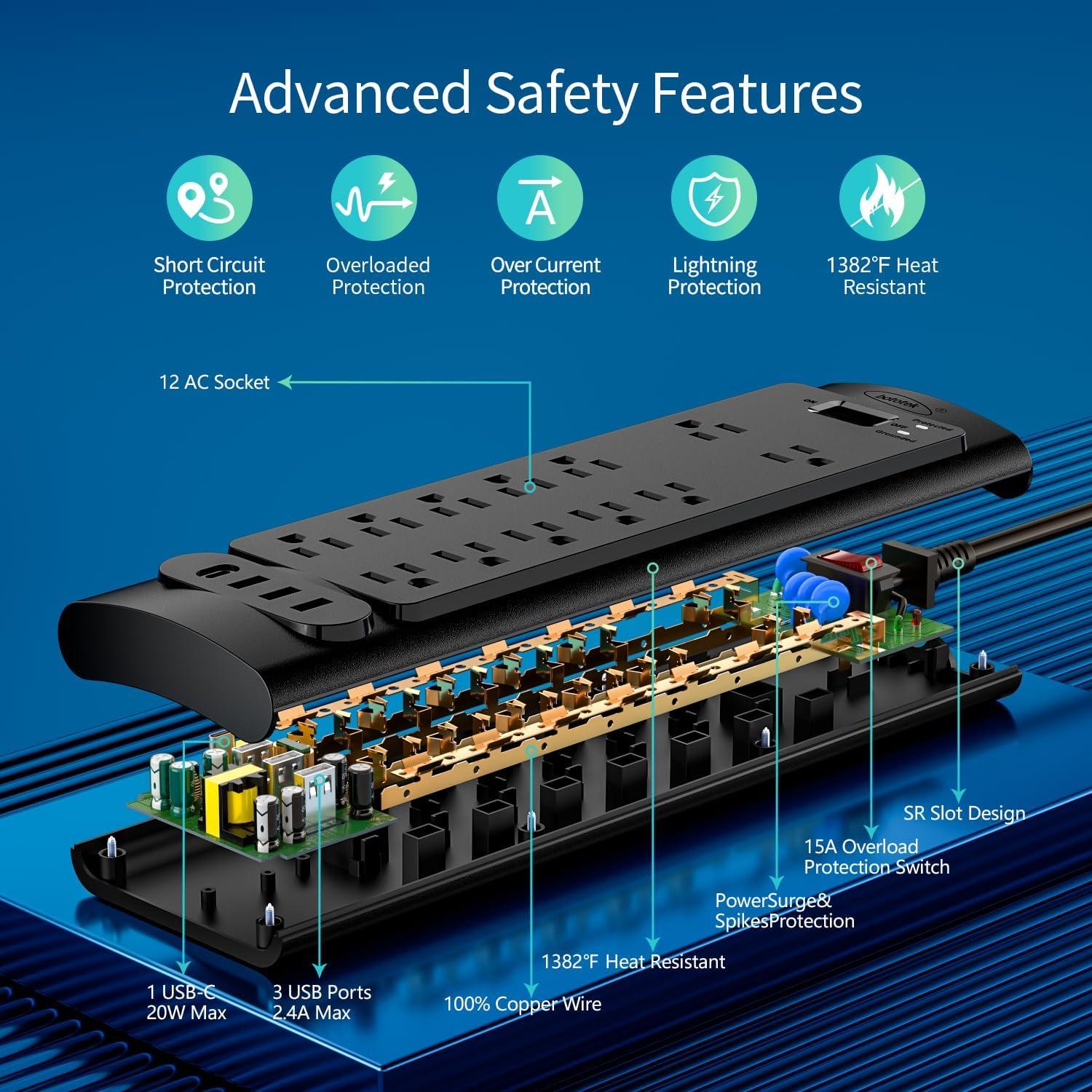 Protector de Sobretensión Bototek 1.68m con 12 Salidas AC y 4 USB