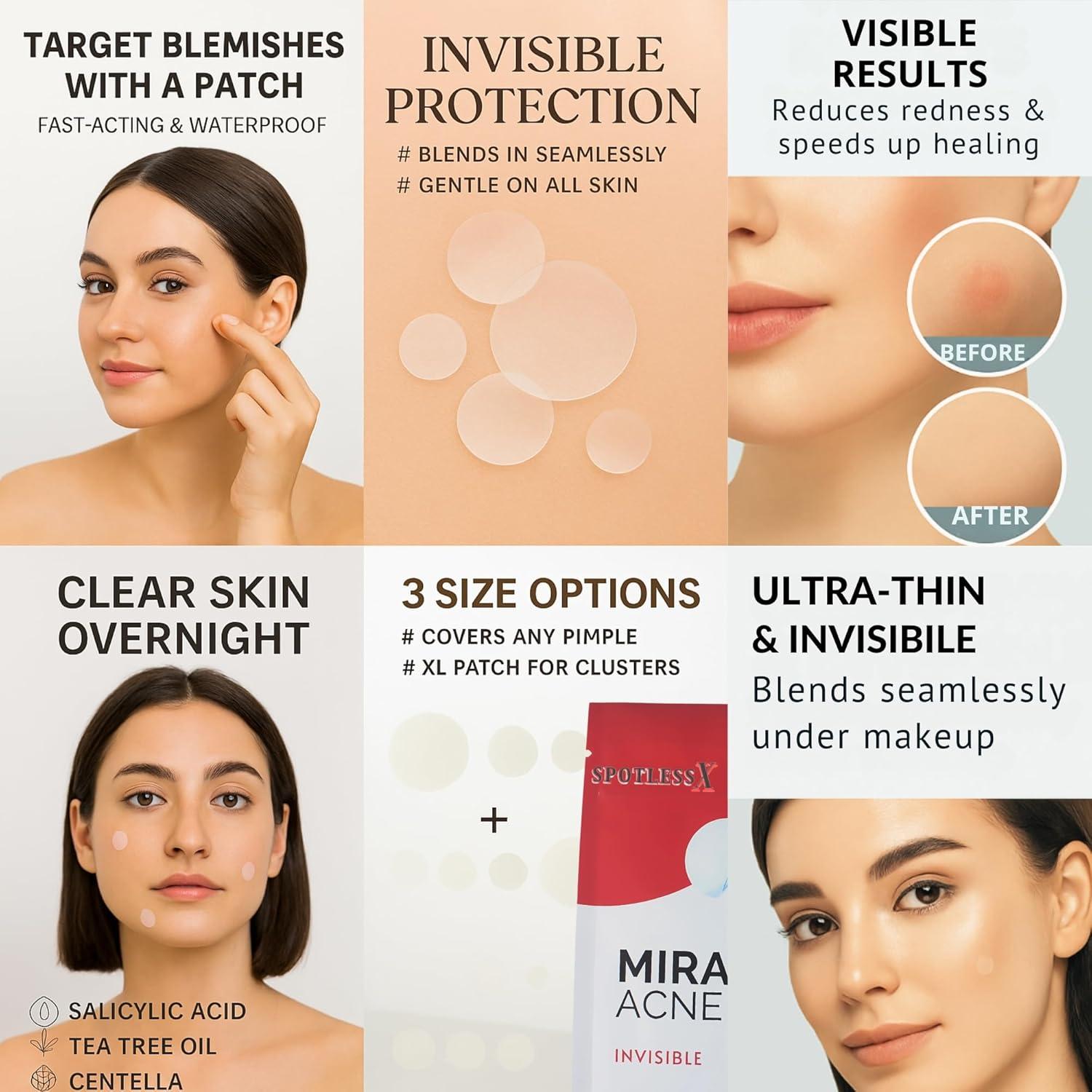 Parche Hidrocoloide SpotlessX para Acné - 96 Parches, 3 Tamaños