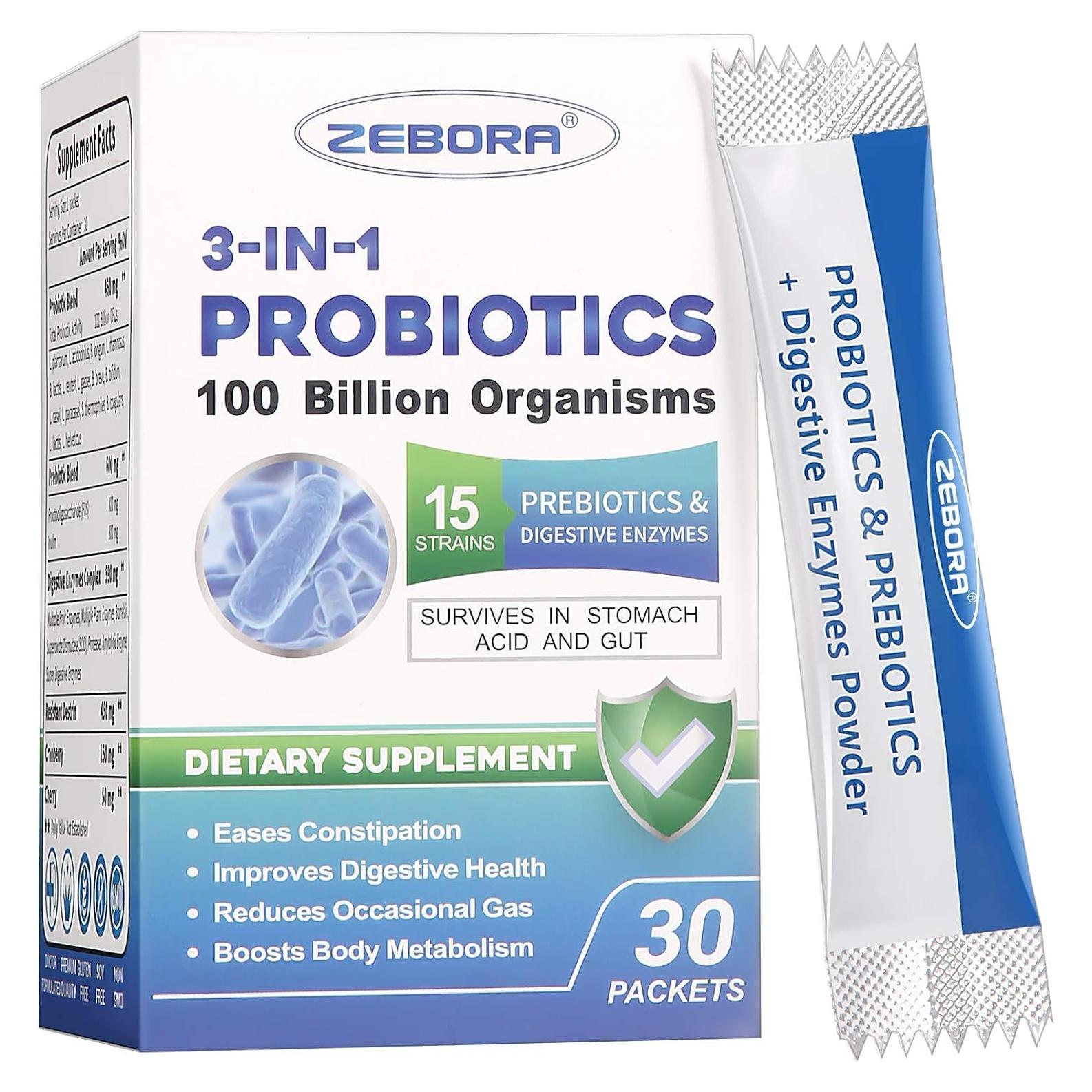 Probioticos 3-en-1 Zebora 100 Mil Millones 750 mg Vegano