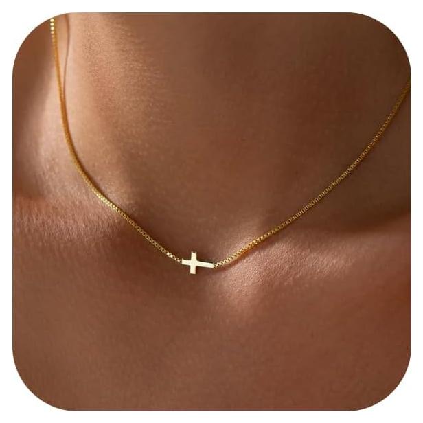 Collar de Cruz Dainty para Mujeres Rotnso Oro 14K Ajustable