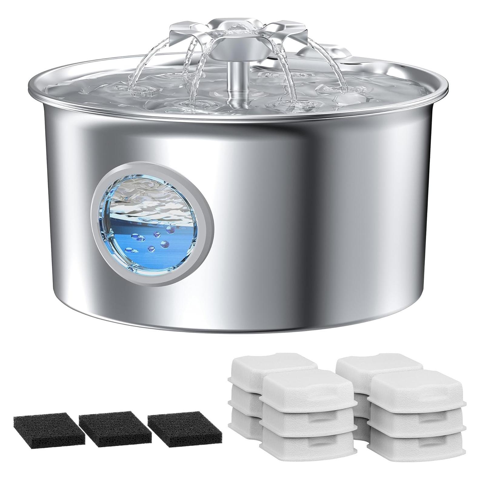 Fuente de Agua para Gatos IHOUONE 2.6L Acero Inoxidable con 6 Filtros