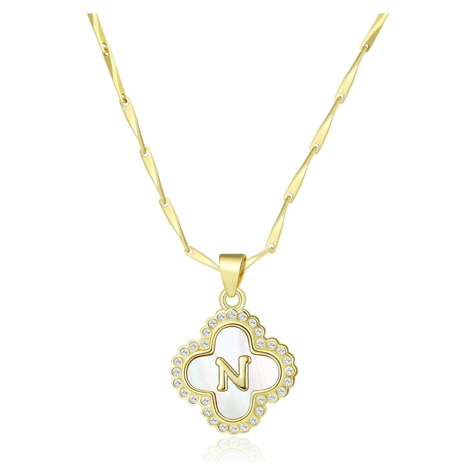 Collar de Inicial Letra N LETFLY con Trébol de 4 Hojas 14K