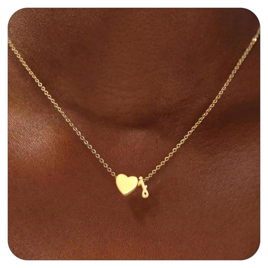 Collar Inicial de Corazón de Oro 14K para Mujeres Ajustable