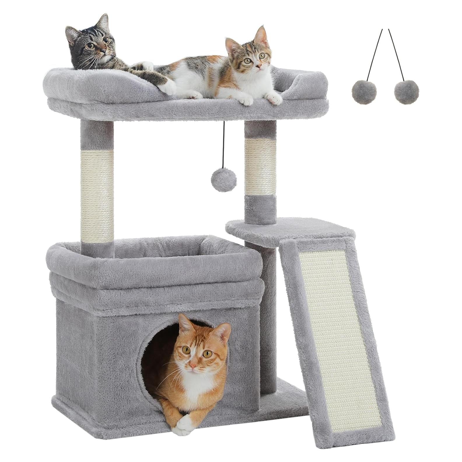 Torre para Gatos PEQULTI con Perchero Amplio y Rascador, Gris