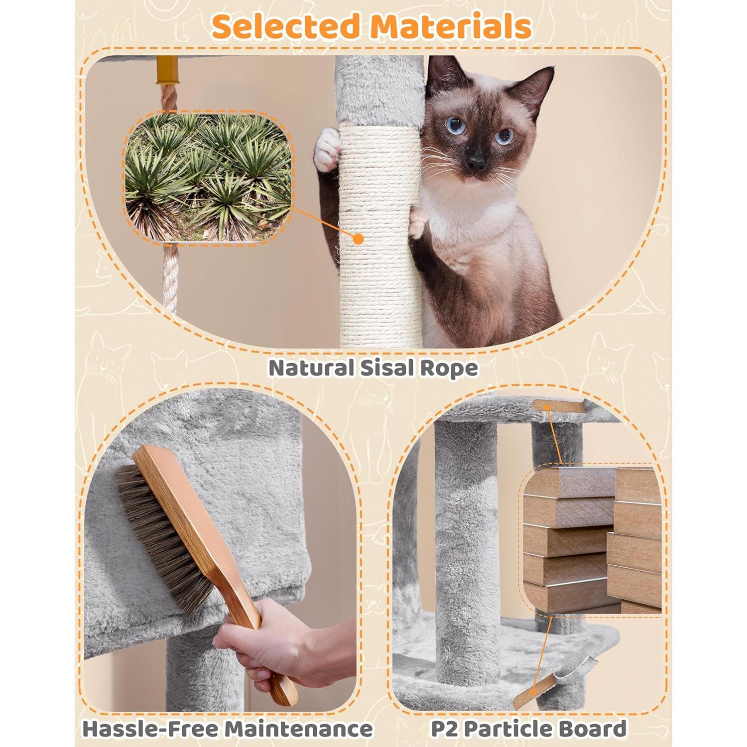 Árbol para Gatos Yaheetech 160 cm Gris Claro con Hamaca