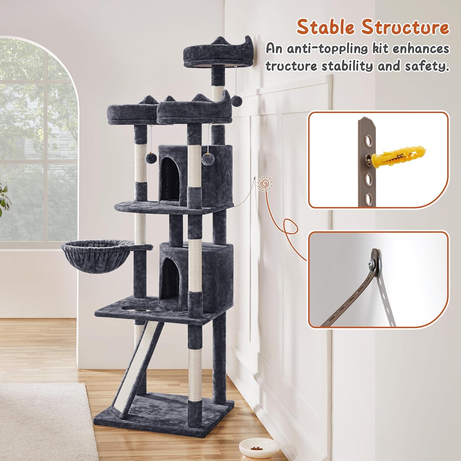 Árbol para Gatos Yaheetech 193cm Multi-nivel Gris Oscuro