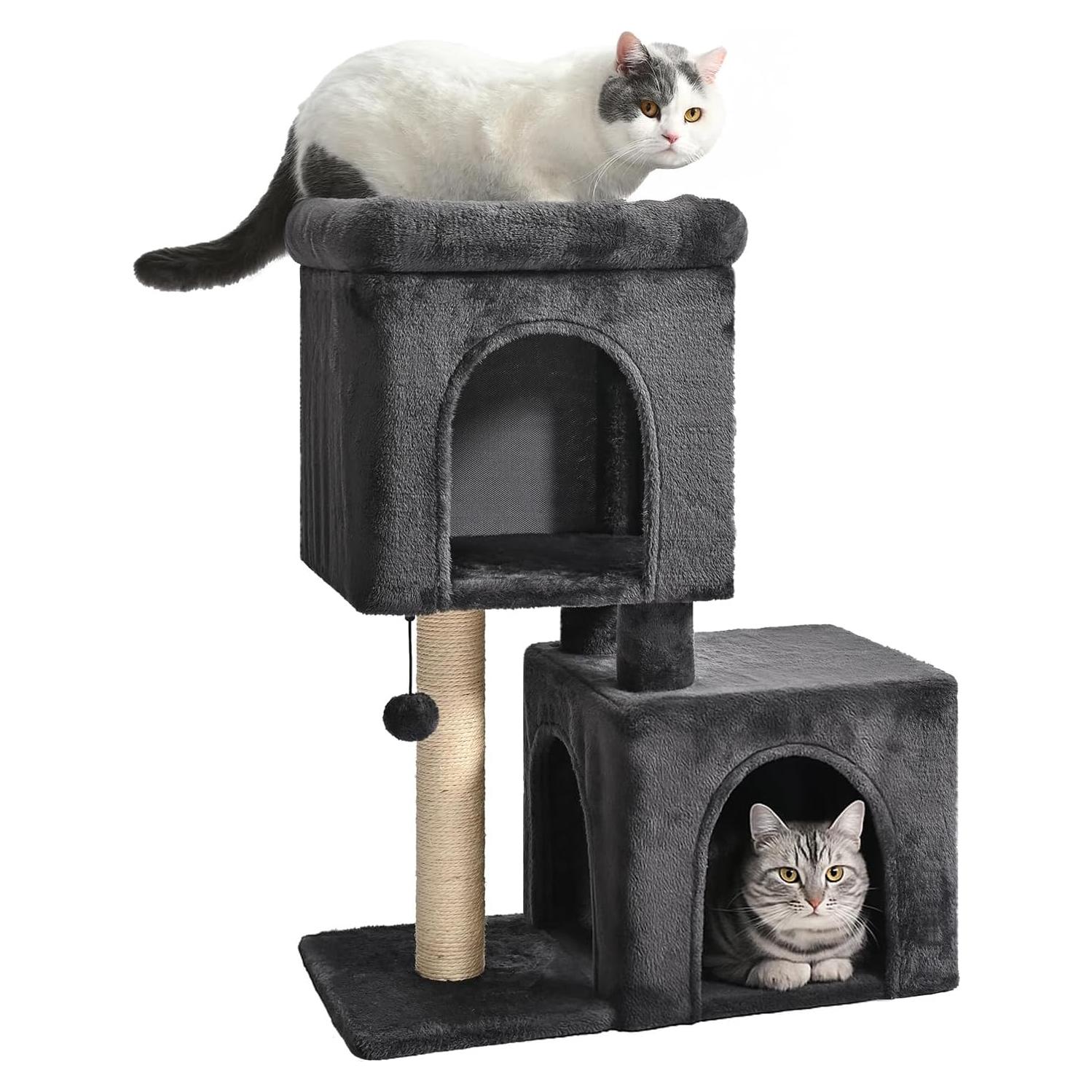 Torre para Gatos Amazon Basics 76 cm con 2 Condominios y Poste Rascador