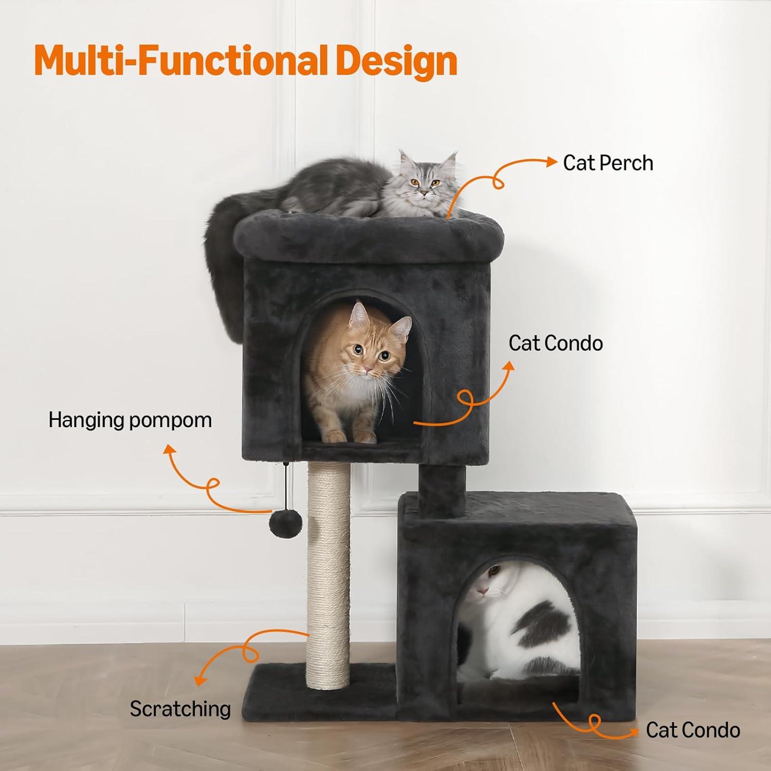Torre para Gatos Amazon Basics 76 cm con 2 Condominios y Poste Rascador