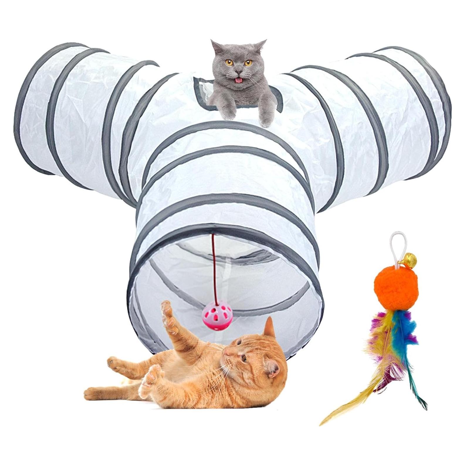 Túnel para Gato Plegable 3 Vías con Juguete de Pelota Blanco