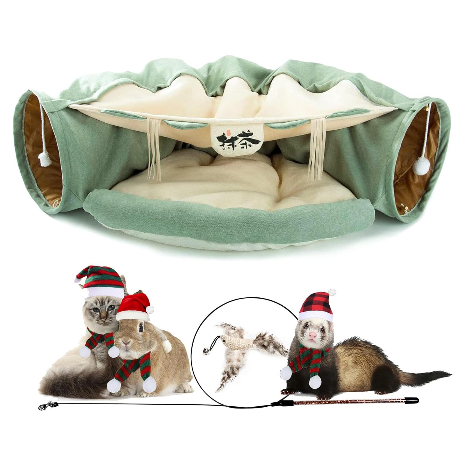 Cama y Túnel para Gatos KUCDBUN Matcha 2 en 1 con Alfombrilla