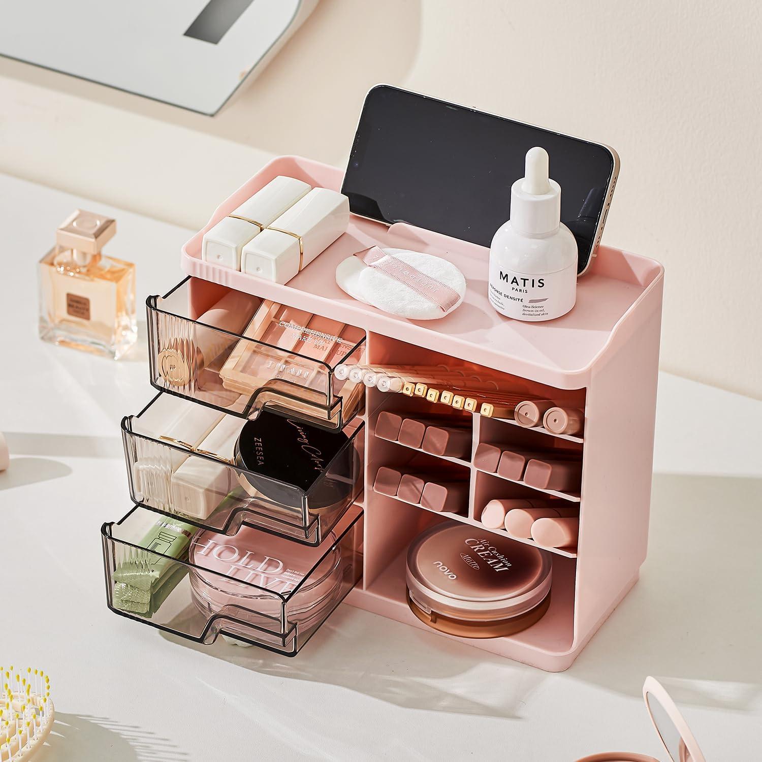 Organizador de Maquillaje UFORU Rosa con 3 Cajones y 7 Compartimentos