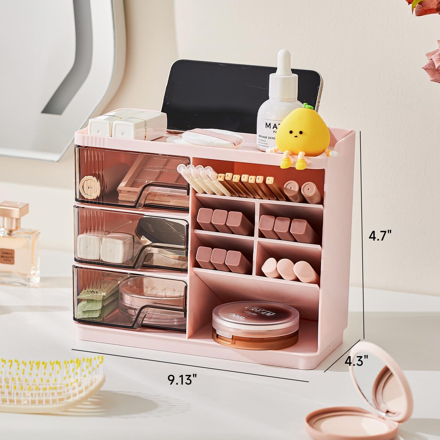 Organizador de Maquillaje UFORU Rosa con 3 Cajones y 7 Compartimentos