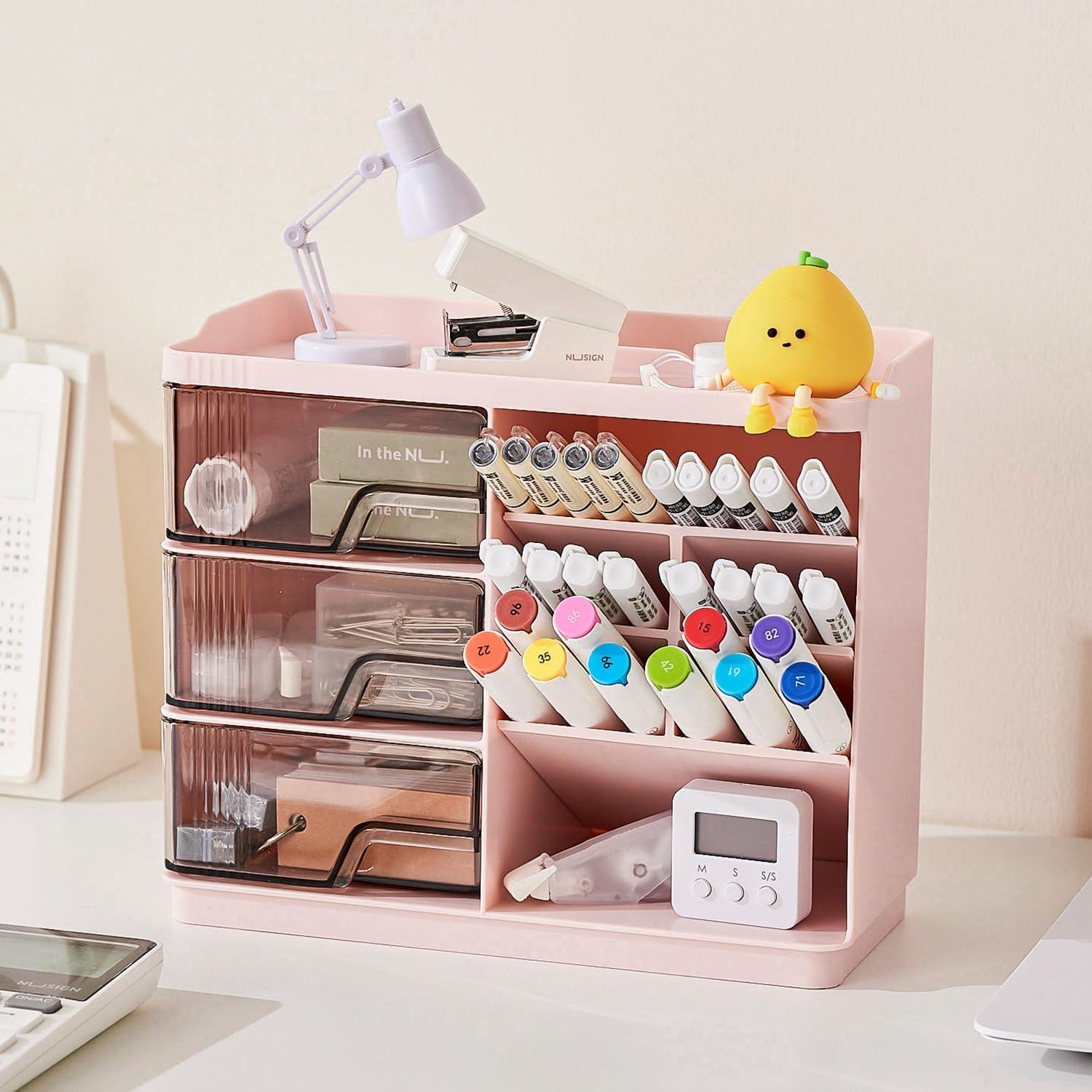 Organizador de Maquillaje UFORU Rosa con 3 Cajones y 7 Compartimentos