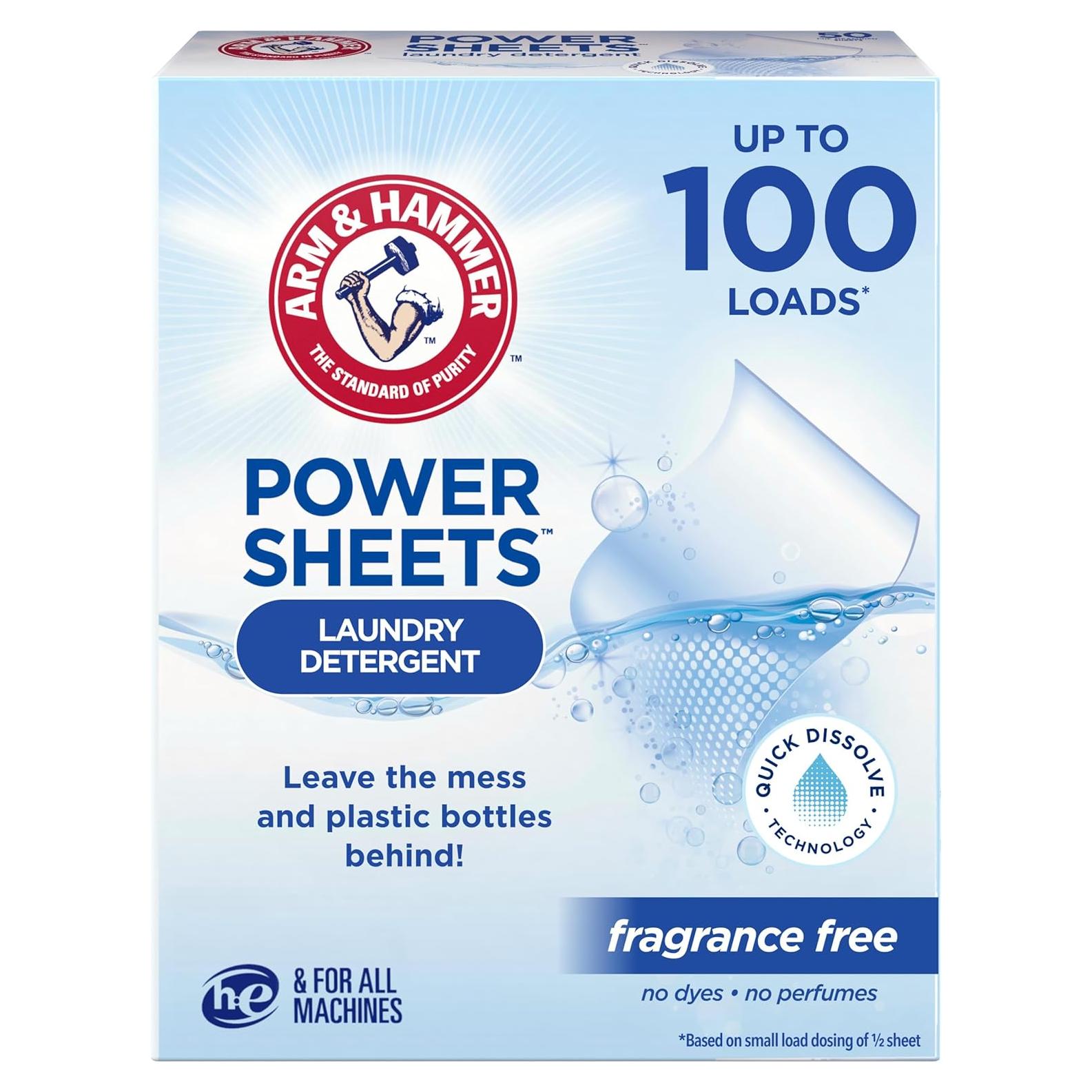 Hojas de detergente ARM & HAMMER Power sin fragancia 50 unidades