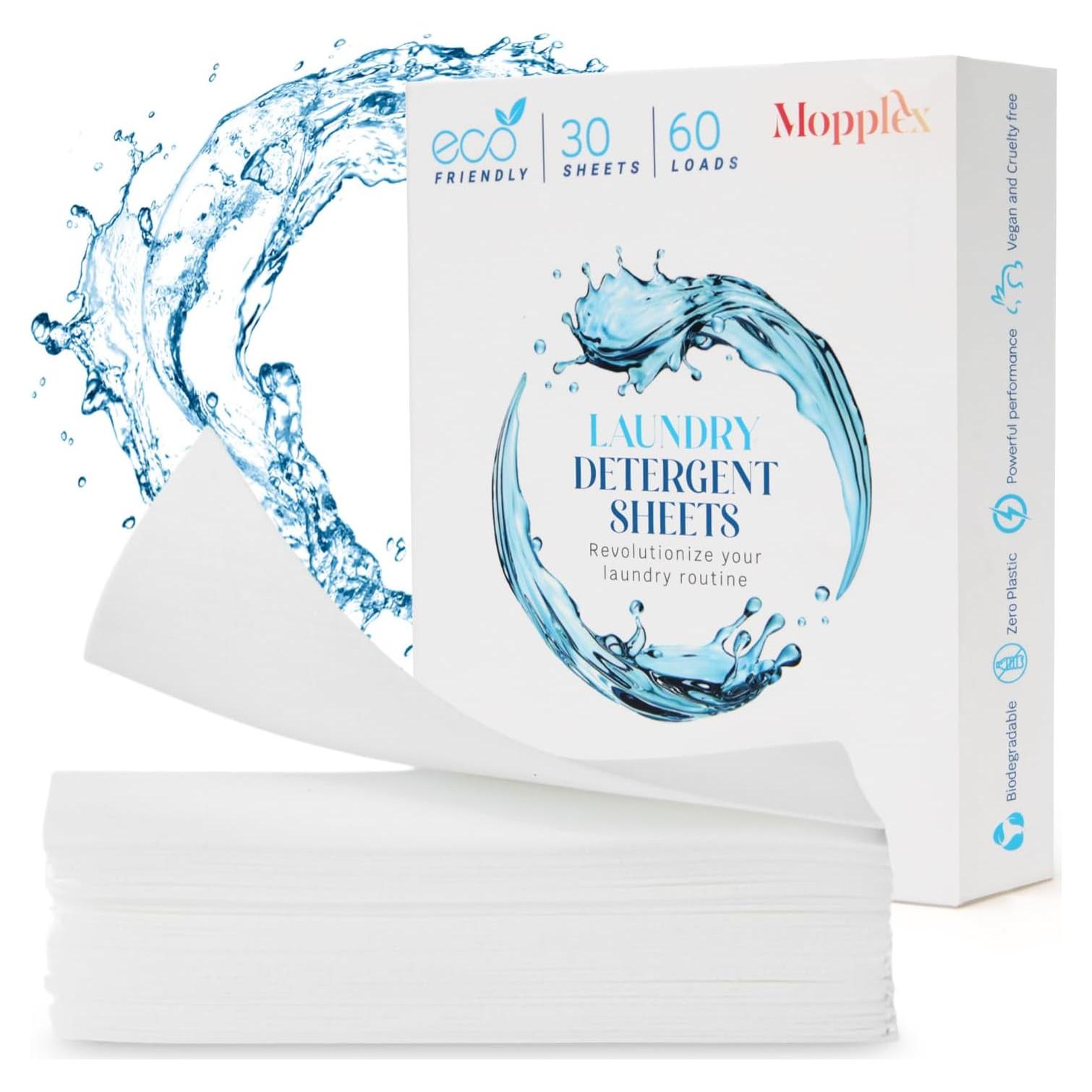 Hojas de detergente ecológicas Mopplex, 30 hojas para 60 cargas