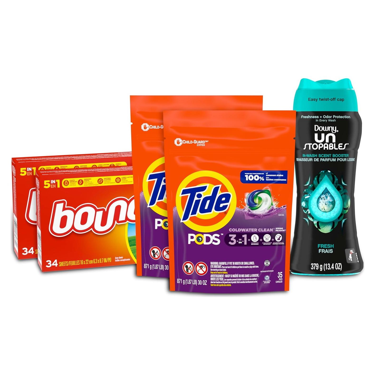Paquete de Cuidado de Ropa Tide, Downy y Bounce - 5 Artículos