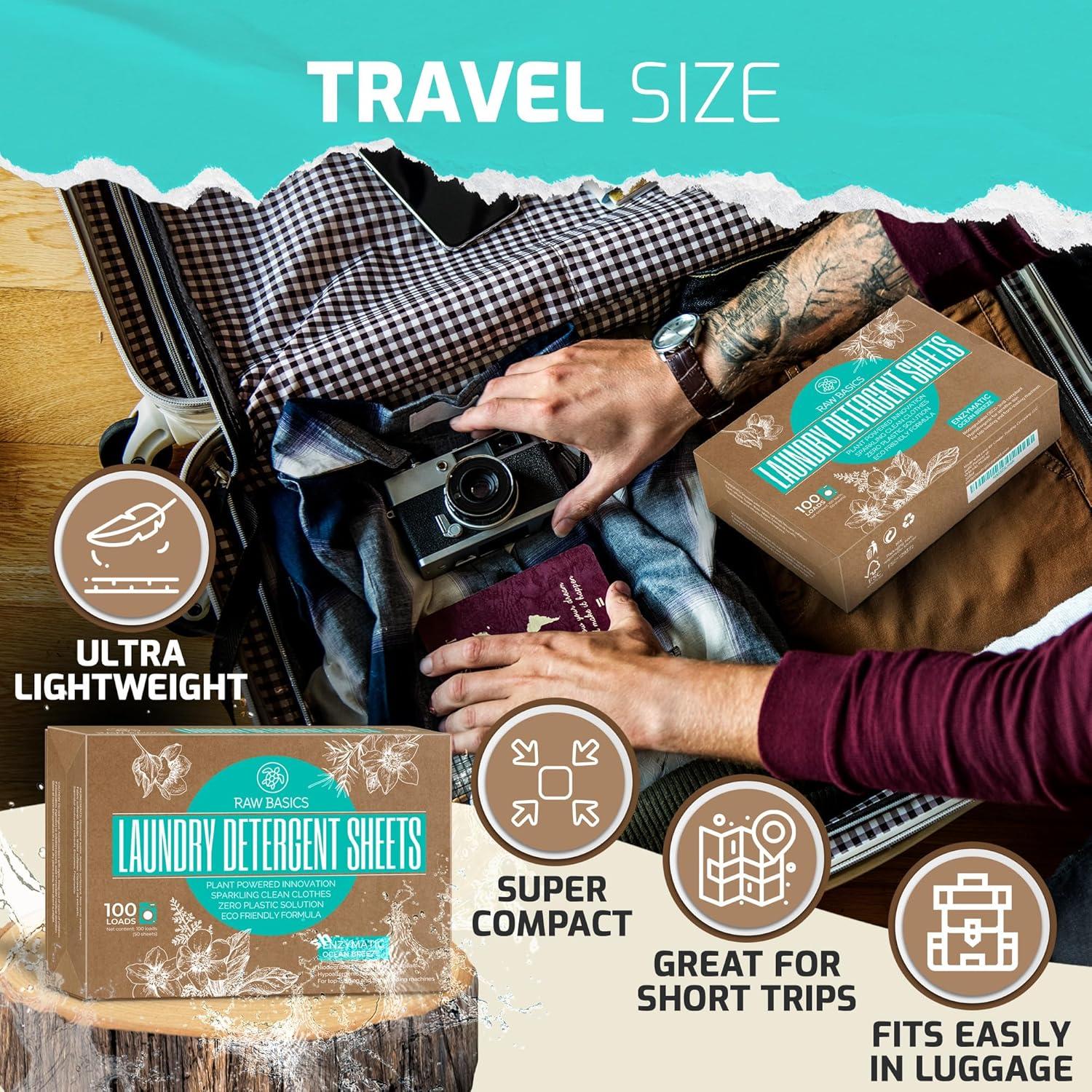 Hojas de Detergente para Ropa Raw Basics - Aroma Brisa Oceánica - 50 Hojas para 100 Cargas