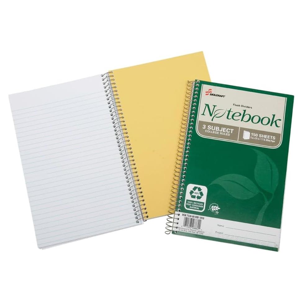 Cuaderno Espiral 3 Temas Skilcraft 100% Reciclado 150 Hojas