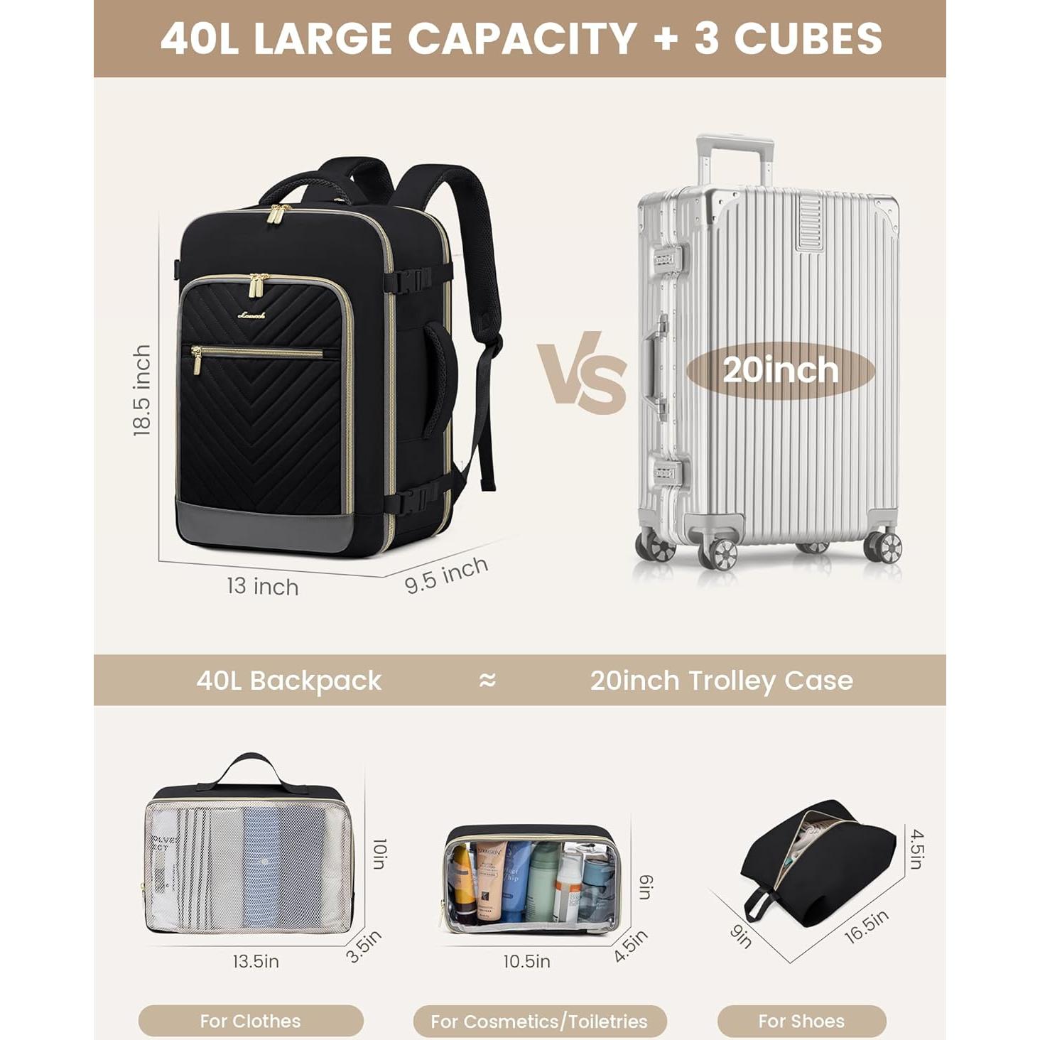 Mochila de Viaje LOVEVOOK 40L Aprobada para Vuelo con Cubos