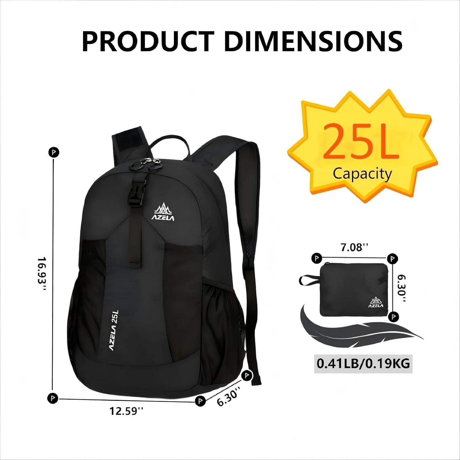 Mochila Plegable Ligera 25L Negra para Viajes y Senderismo