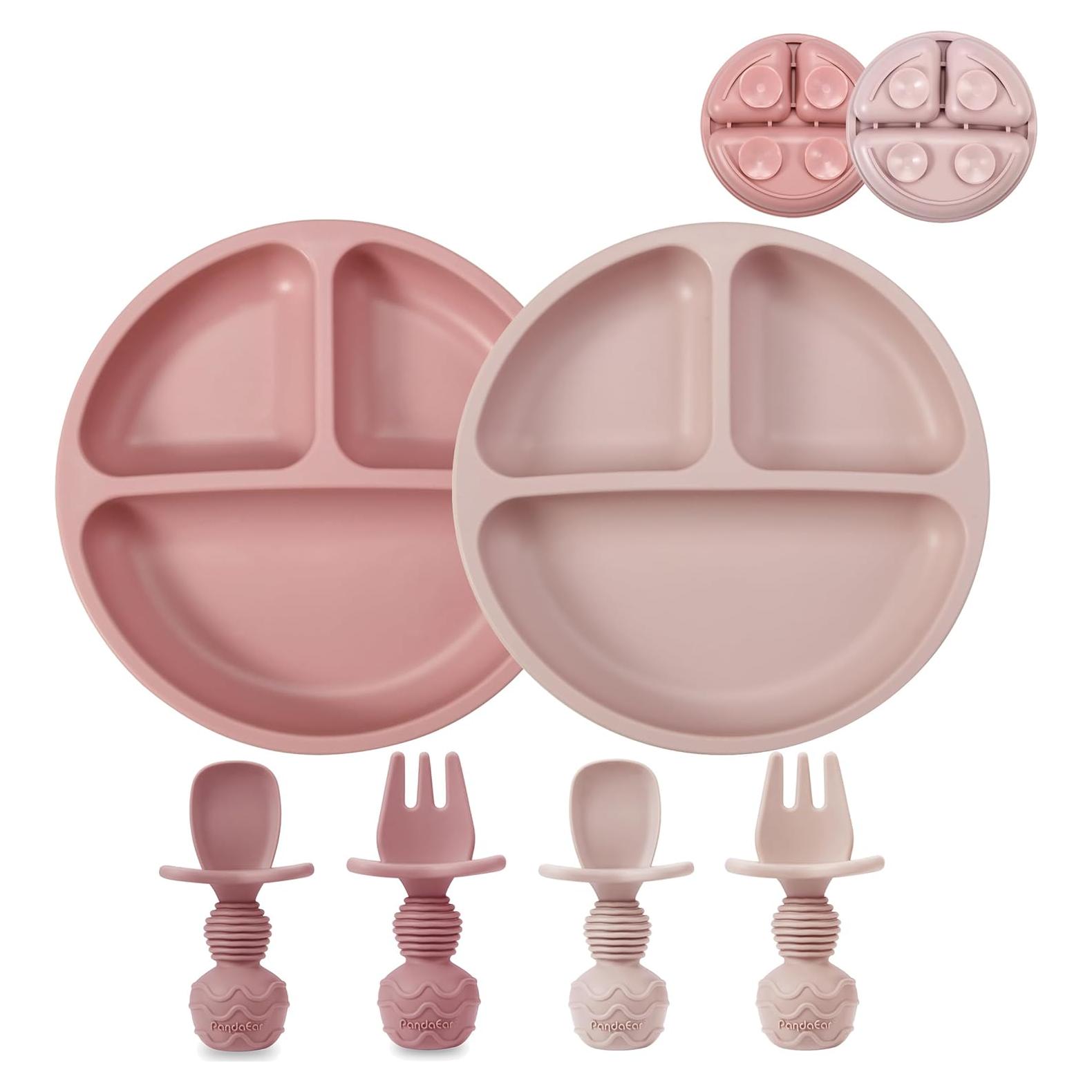 Set de Alimentación para Bebés PandaEar - 2 Platos de Succión Rosa