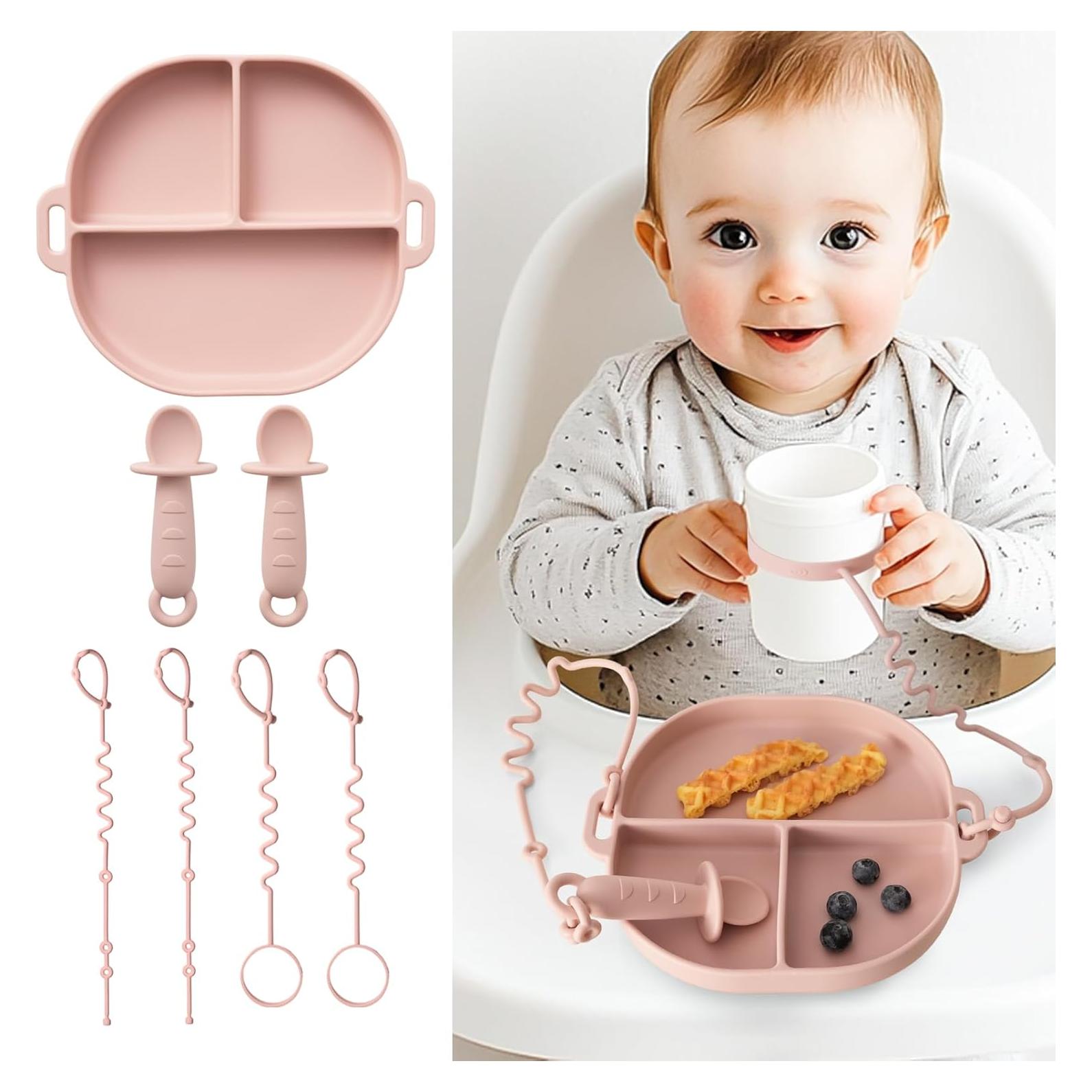 Set de Platos para Bebés YIVEKO con Succión Rosa - 1 Plato, 2 Cucharas, 2 Correas