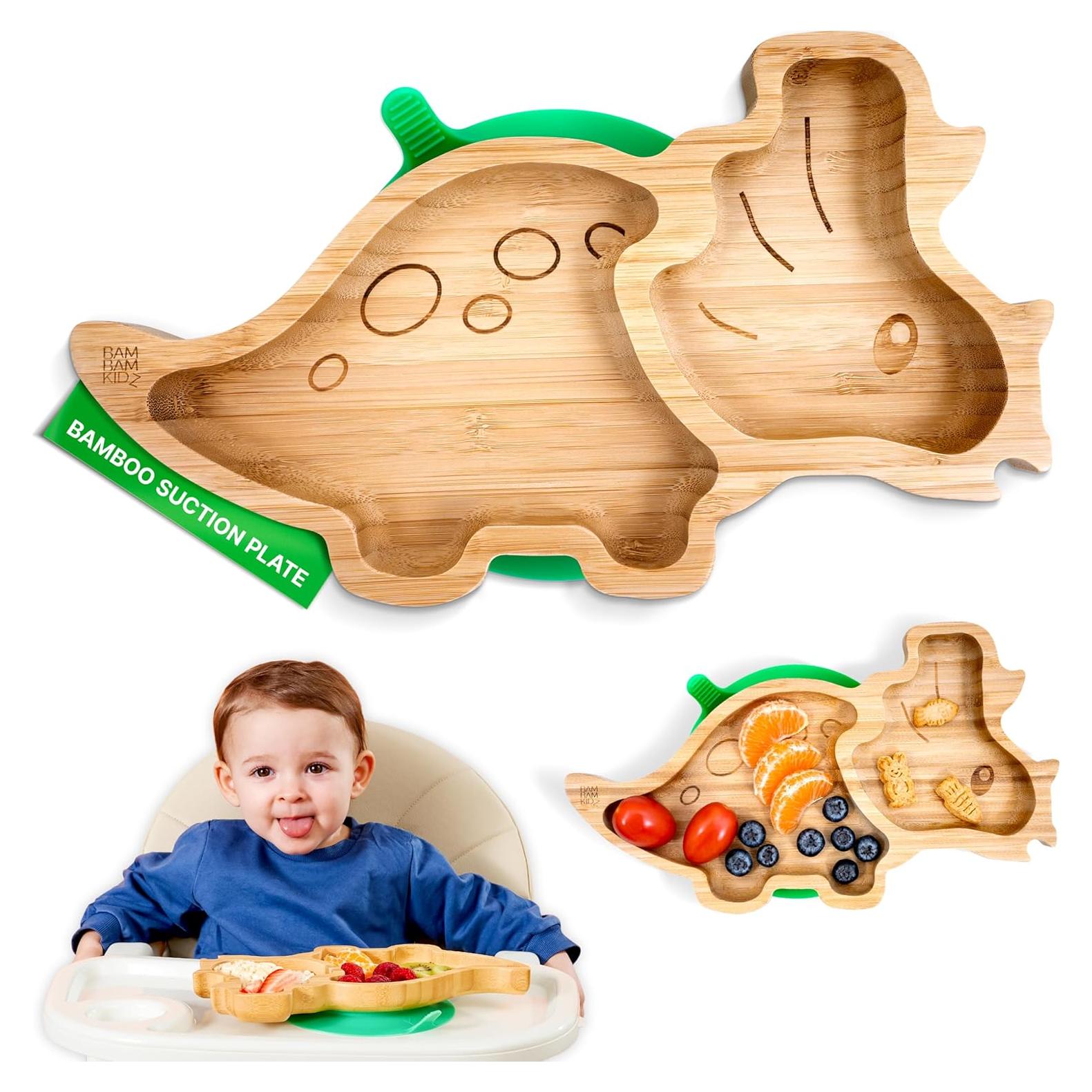 Plato de Succión de Bambú BamBamKidz Dinosaurio Verde