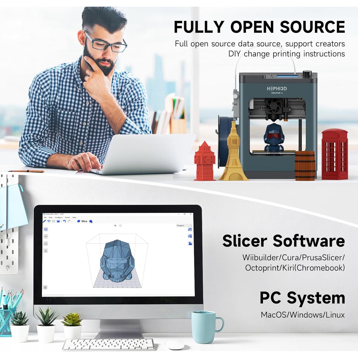 Impresora 3D HEPHI3D Tina2 Plus 250mm/s Compacta Automática