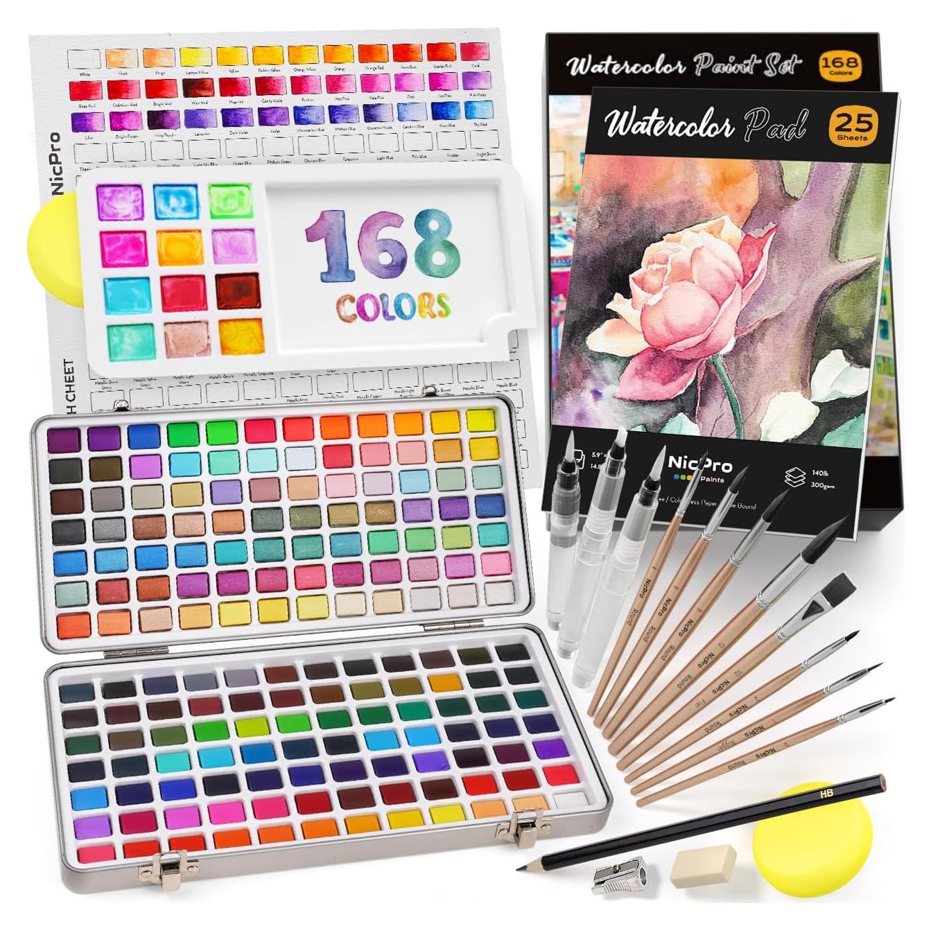 Juego de Pintura Acuarela Nicpro 168 Colores con Pinceles y Papel