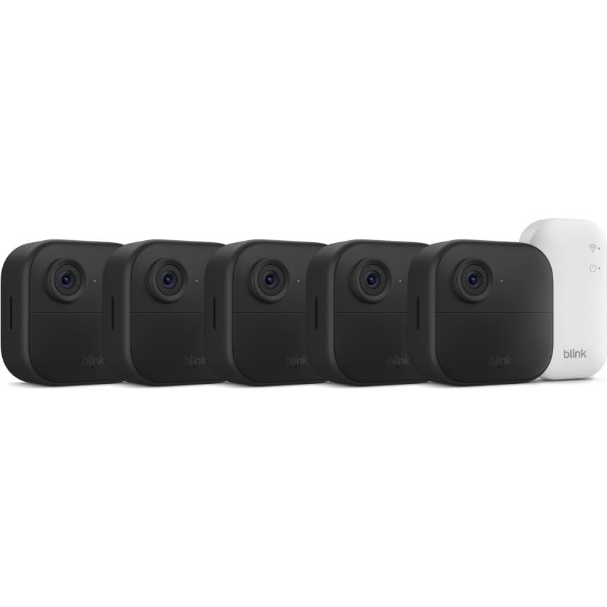 Blink Outdoor 4 (newest model) – Wireless smart security camera, two-year battery life, 1080p HD day and infrared night live view, two-way talk. Sync Module Core included – 5 camera system