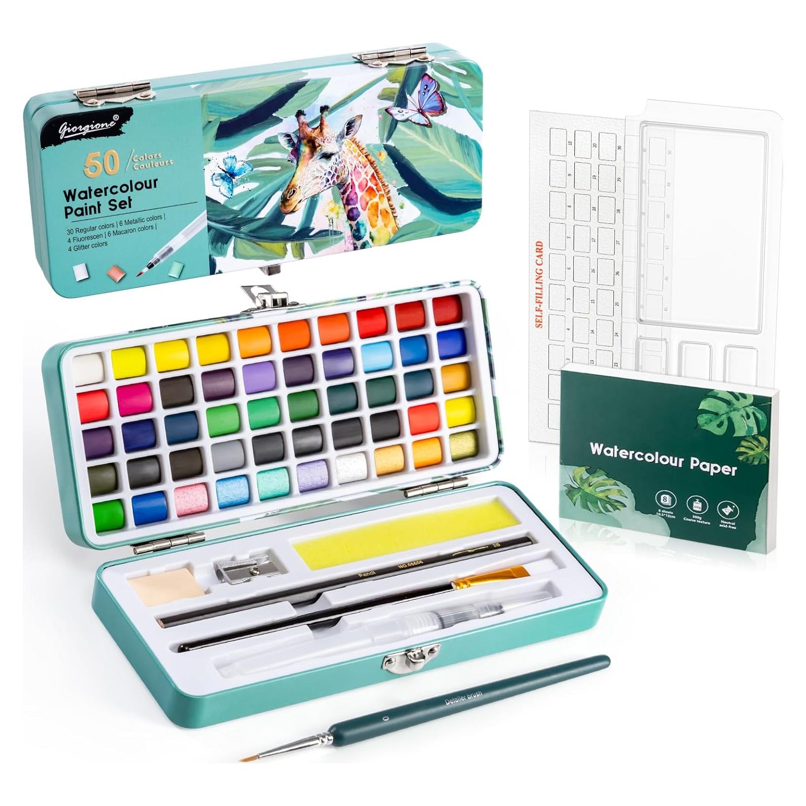 Juego de Pintura Acuarela Prudiut 50 Colores con Pinceles y Papel